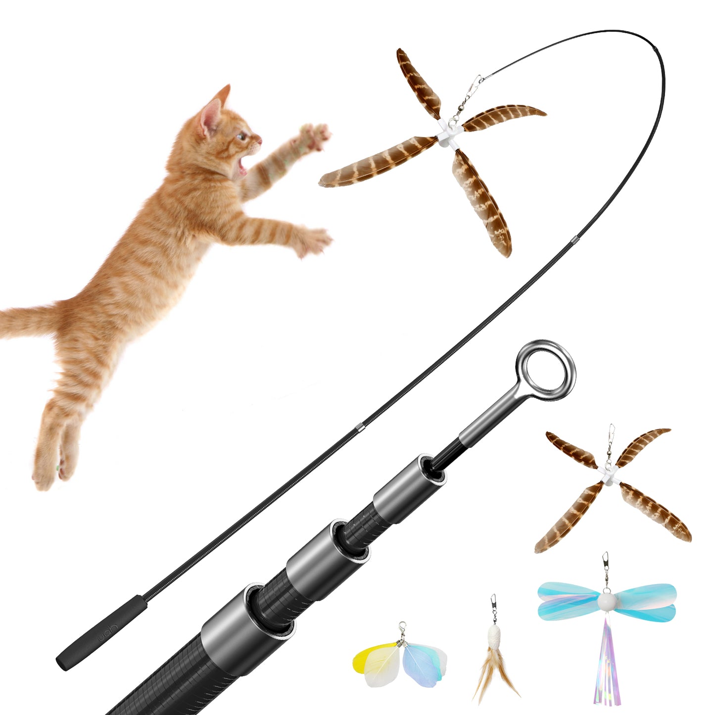 Uah Pet - Retractable Cat Wand Toy with 4 Piece Teasers