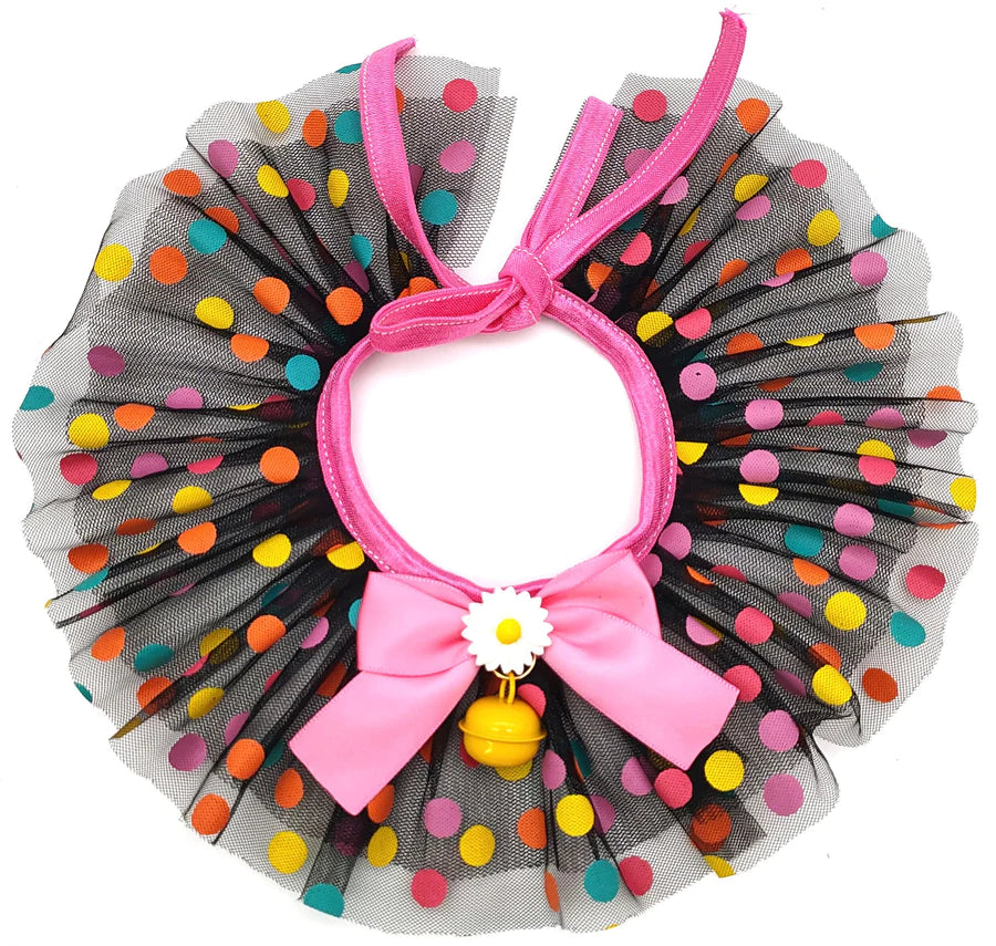 YoPetMax Small Dog Collar Ruffle Cat Lace Bib Colored Dot Mesh Neck Scarf With Bow Bell Photo Props
