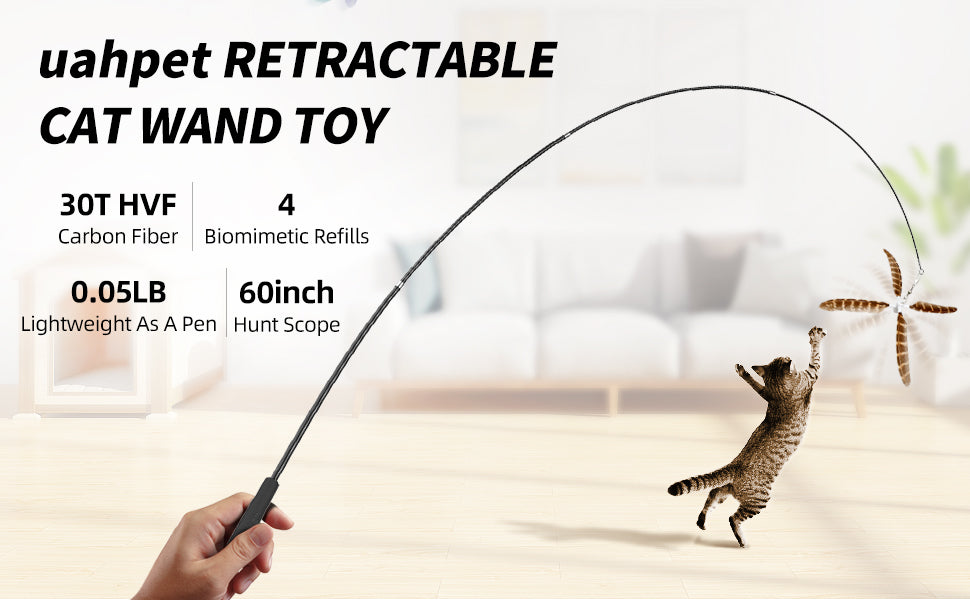 Uah Pet - Retractable Cat Wand Toy with 4 Piece Teasers