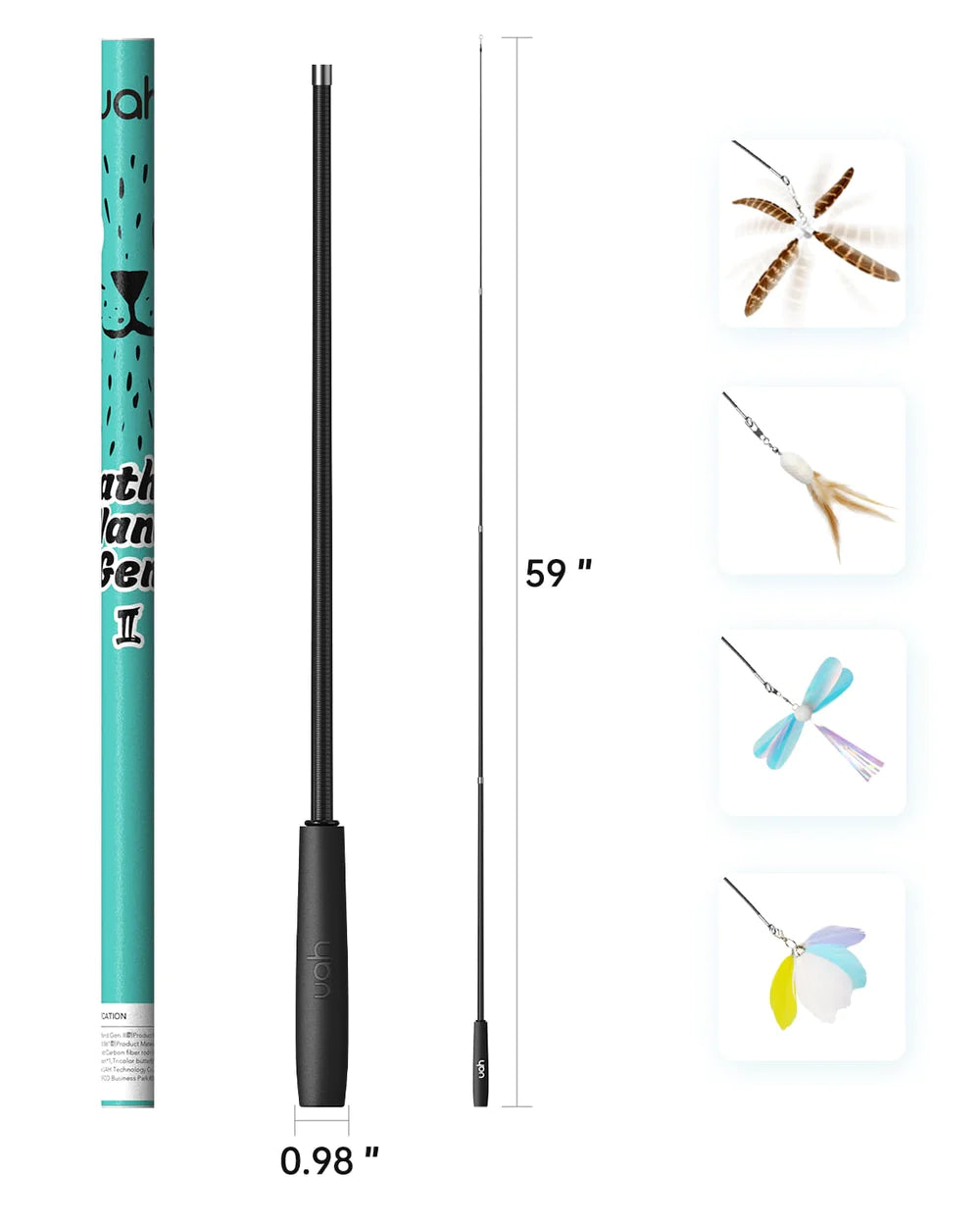 Uah Pet - Retractable Cat Wand Toy with 4 Piece Teasers
